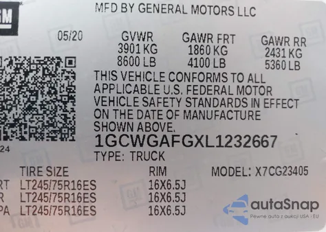 2020 Chevrolet Express Cargo Rwd 2500 Regular Wheelbase Wt z USA, uszkodzony, nr VIN 1GCWGAFGXL1232667